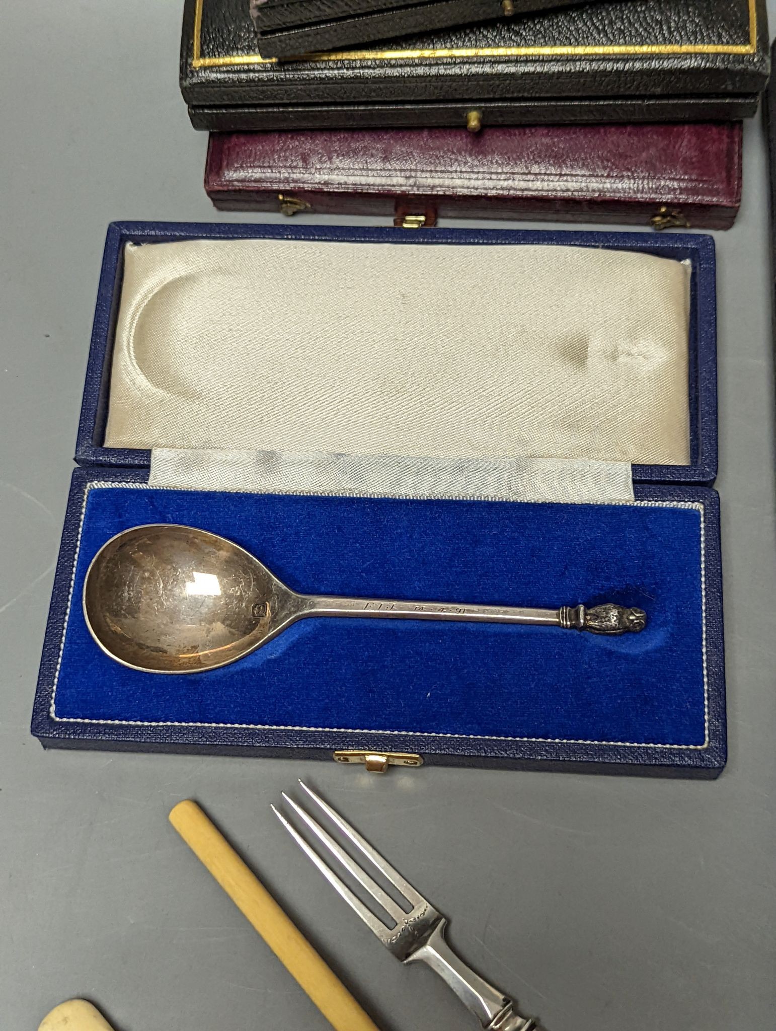 Sundry cased sets etc. including silver replica spoon, cake forks, tea knives, plated wares.